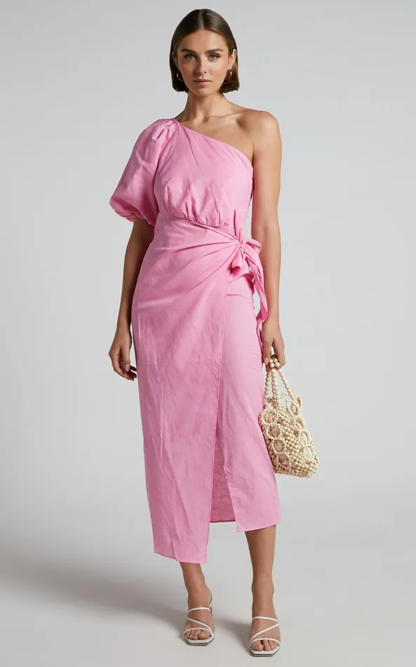 Showpo Leah Midi Dress 8211 Linen One Shoulder Puff Sleeve Tie Waist Dress In Pink Women Dresses Showpo Leah Midi Dress 8211 Linen One Shoulder Puff Sleeve Tie Waist Dress In Pink Women Dresses
