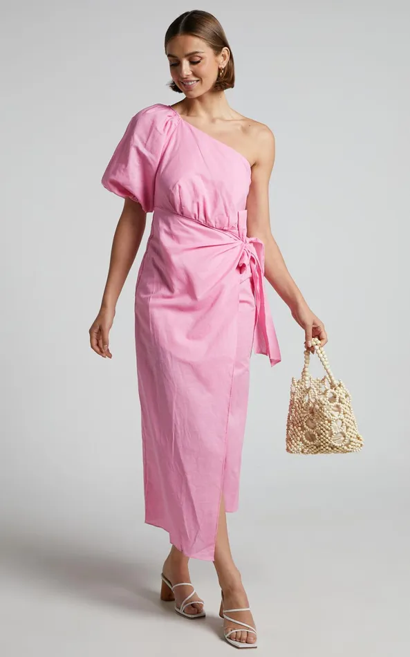 Showpo Leah Midi Dress 8211 Linen One Shoulder Puff Sleeve Tie Waist Dress In Pink Women Dresses