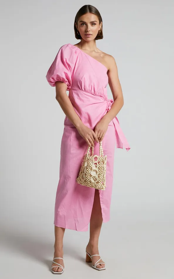 Showpo Leah Midi Dress 8211 Linen One Shoulder Puff Sleeve Tie Waist Dress In Pink Women Dresses