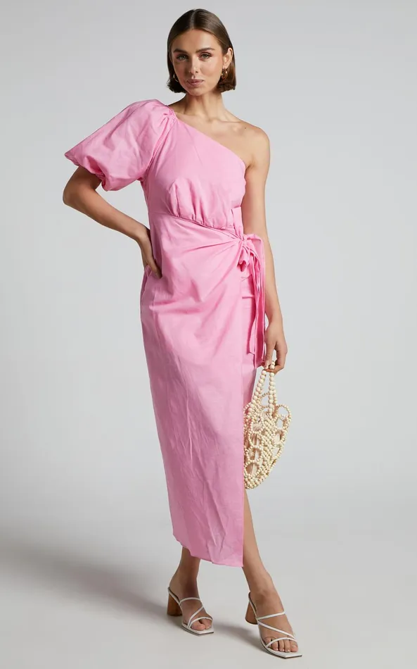 Showpo Leah Midi Dress 8211 Linen One Shoulder Puff Sleeve Tie Waist Dress In Pink Women Dresses