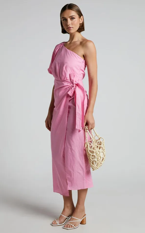 Showpo Leah Midi Dress 8211 Linen One Shoulder Puff Sleeve Tie Waist Dress In Pink Women Dresses