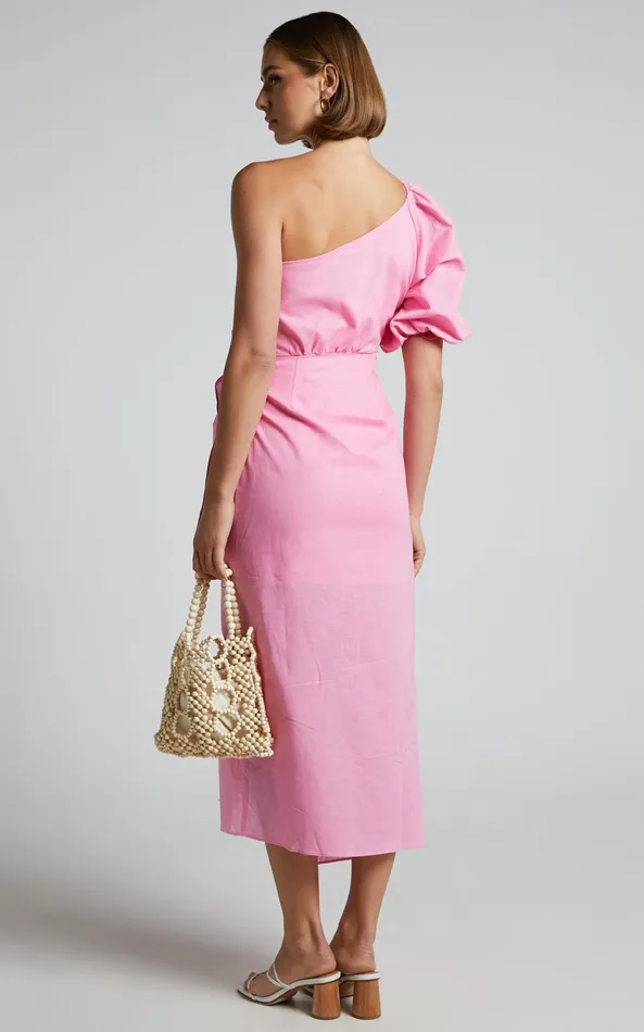 Showpo Leah Midi Dress 8211 Linen One Shoulder Puff Sleeve Tie Waist Dress In Pink Women Dresses