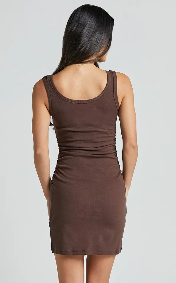 Showpo Leah Mini Dress 8211 Ribbed Scoop Neck Side Ruched Dress In Chocolate Women Dresses