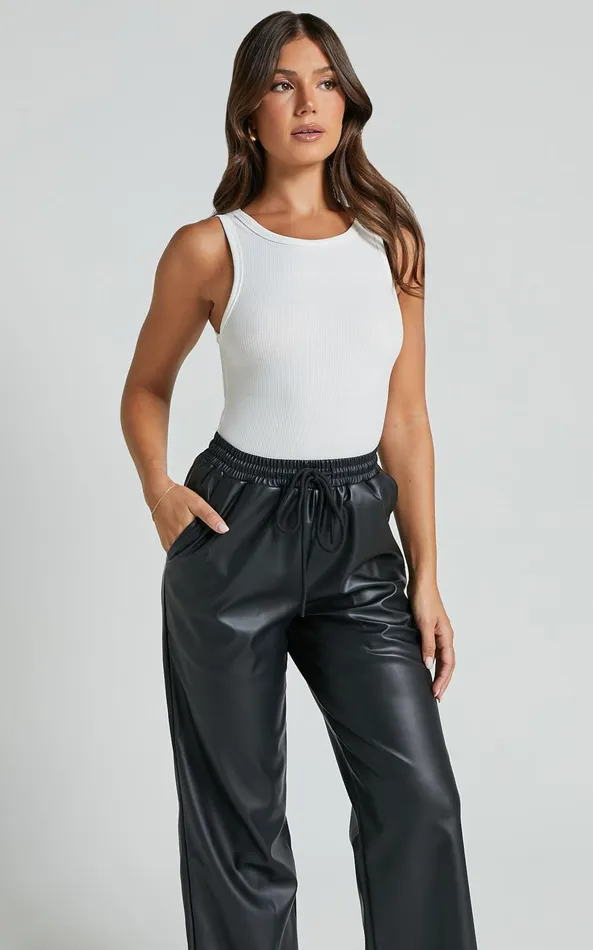 Showpo Leah Pants 8211 High Waist Drawstring Faux Leather Pants In Black Women Pants