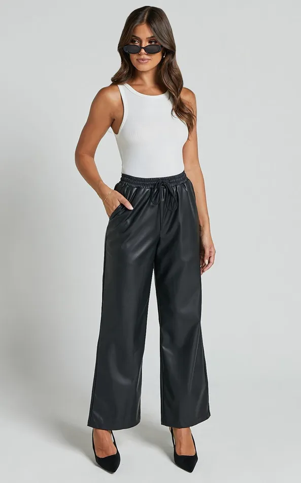 Showpo Leah Pants 8211 High Waist Drawstring Faux Leather Pants In Black Women Pants
