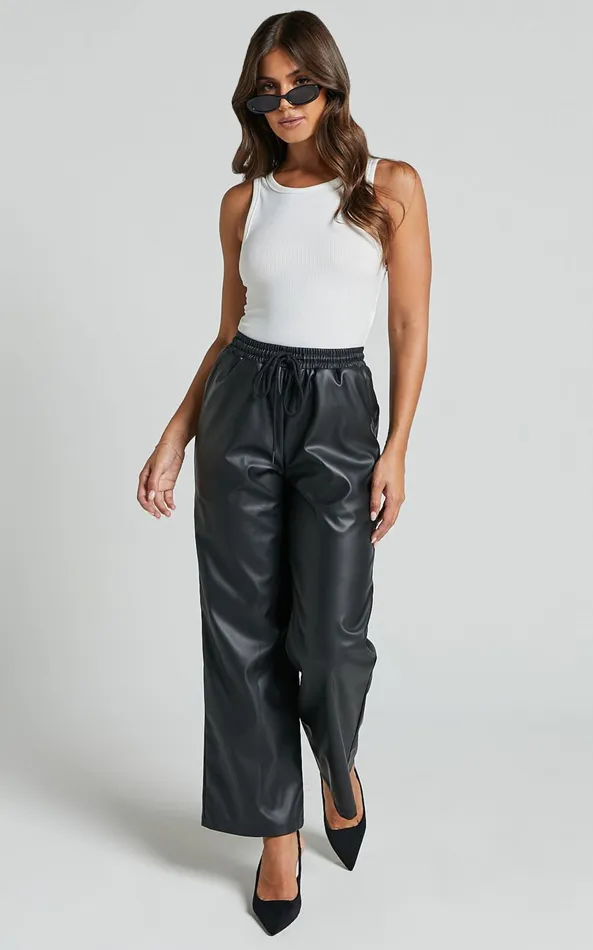 Showpo Leah Pants 8211 High Waist Drawstring Faux Leather Pants In Black Women Pants
