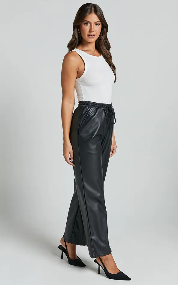Showpo Leah Pants 8211 High Waist Drawstring Faux Leather Pants In Black Women Pants
