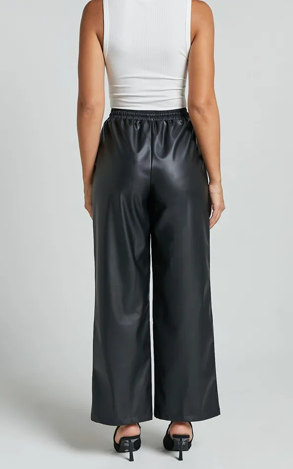 Showpo Leah Pants 8211 High Waist Drawstring Faux Leather Pants In Black Women Pants