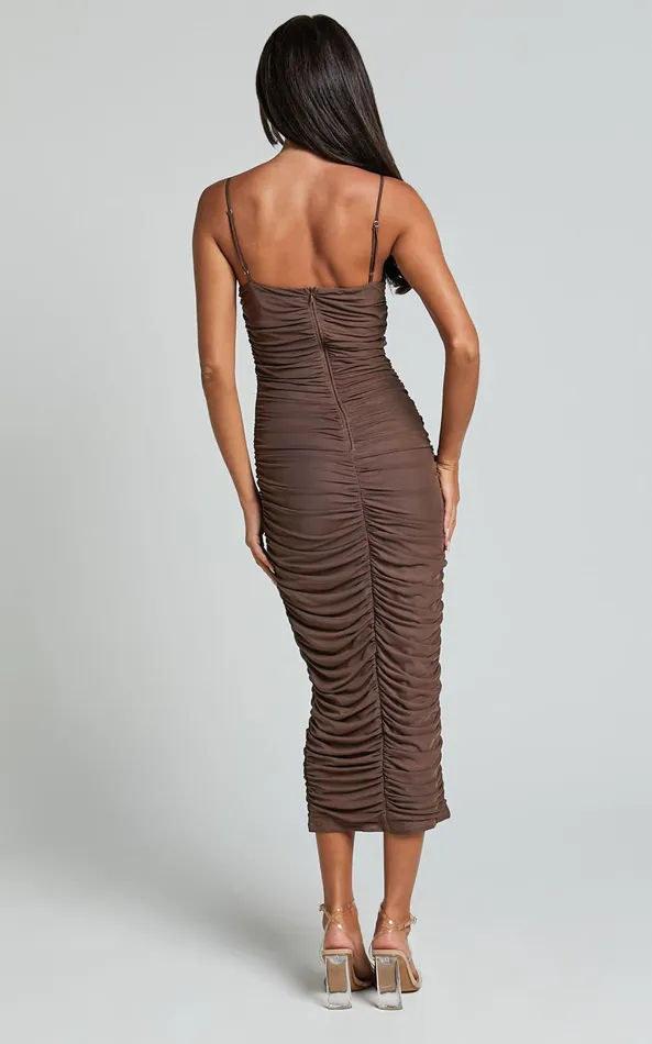 Showpo Leanor Midi Dress 8211 Mesh Ruched Bustier Bodycon Dress In Chocolate Women Dresses