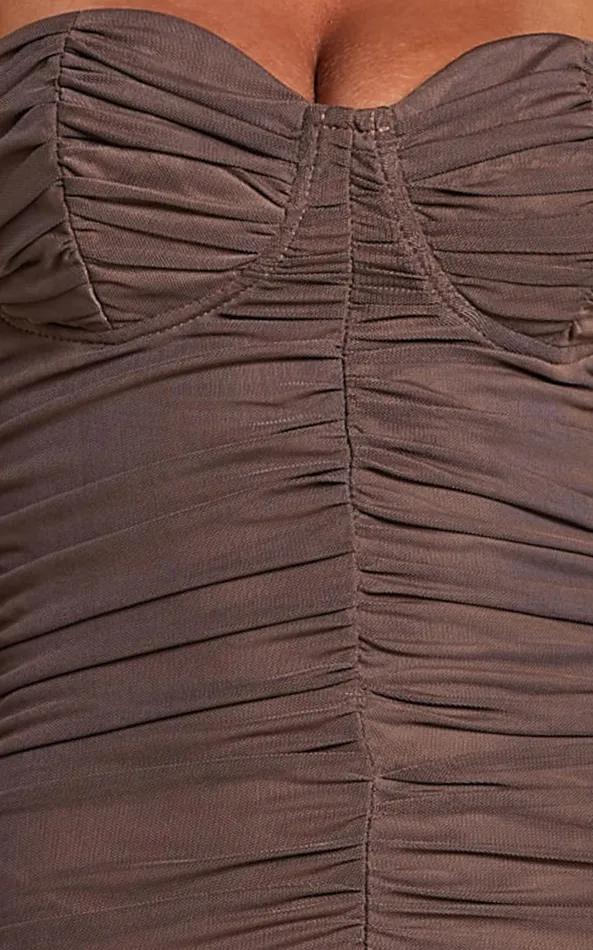Showpo Leanor Midi Dress 8211 Mesh Ruched Bustier Bodycon Dress In Chocolate Women Dresses