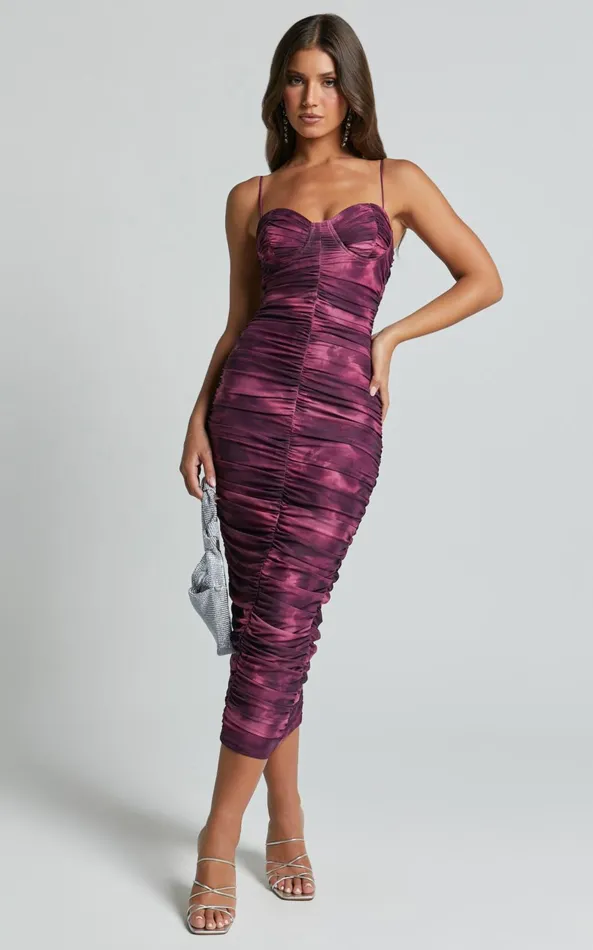 Showpo Leanor Midi Dress 8211 Mesh Ruched Bustier Bodycon Dress In Grape Print Women Dresses Showpo Leanor Midi Dress 8211 Mesh Ruched Bustier Bodycon Dress In Grape Print Women Dresses