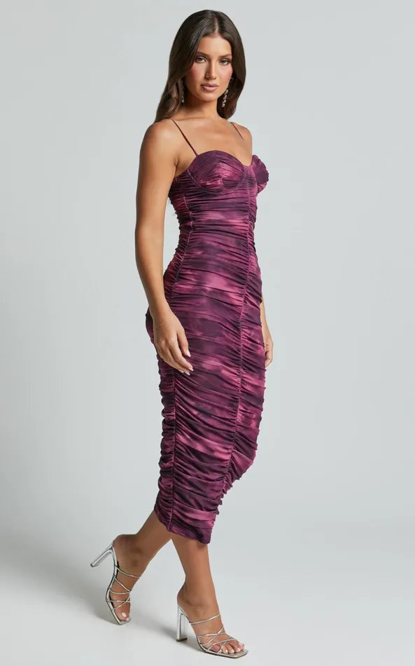 Showpo Leanor Midi Dress 8211 Mesh Ruched Bustier Bodycon Dress In Grape Print Women Dresses