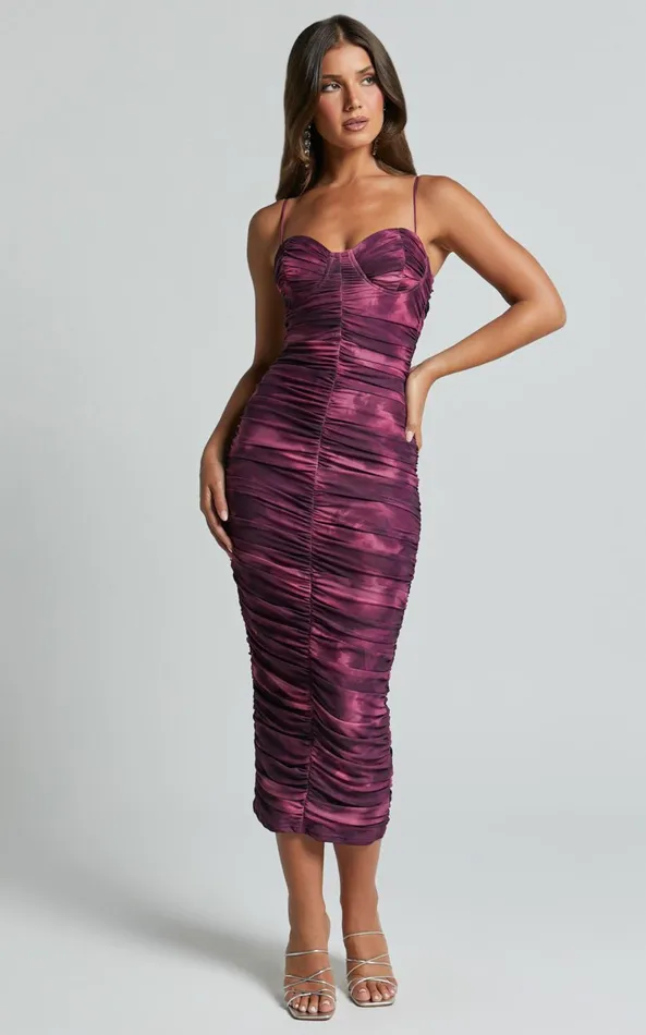 Showpo Leanor Midi Dress 8211 Mesh Ruched Bustier Bodycon Dress In Grape Print Women Dresses