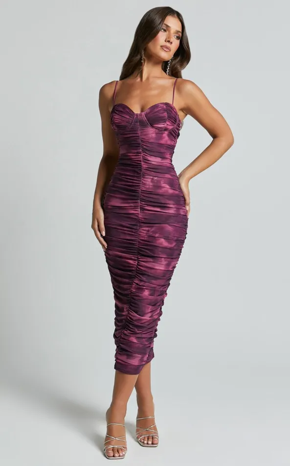 Showpo Leanor Midi Dress 8211 Mesh Ruched Bustier Bodycon Dress In Grape Print Women Dresses
