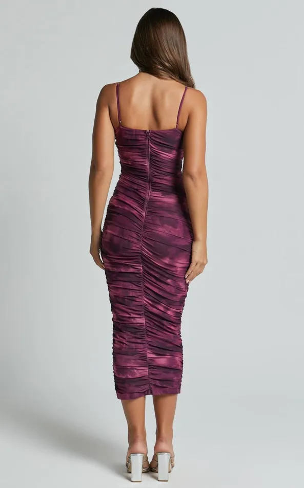 Showpo Leanor Midi Dress 8211 Mesh Ruched Bustier Bodycon Dress In Grape Print Women Dresses