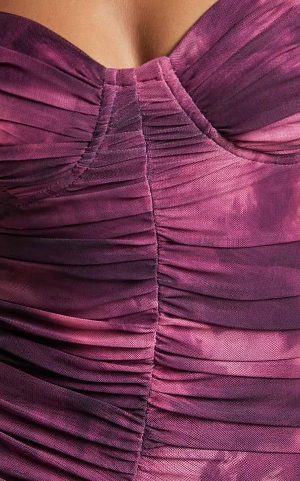 Showpo Leanor Midi Dress 8211 Mesh Ruched Bustier Bodycon Dress In Grape Print Women Dresses