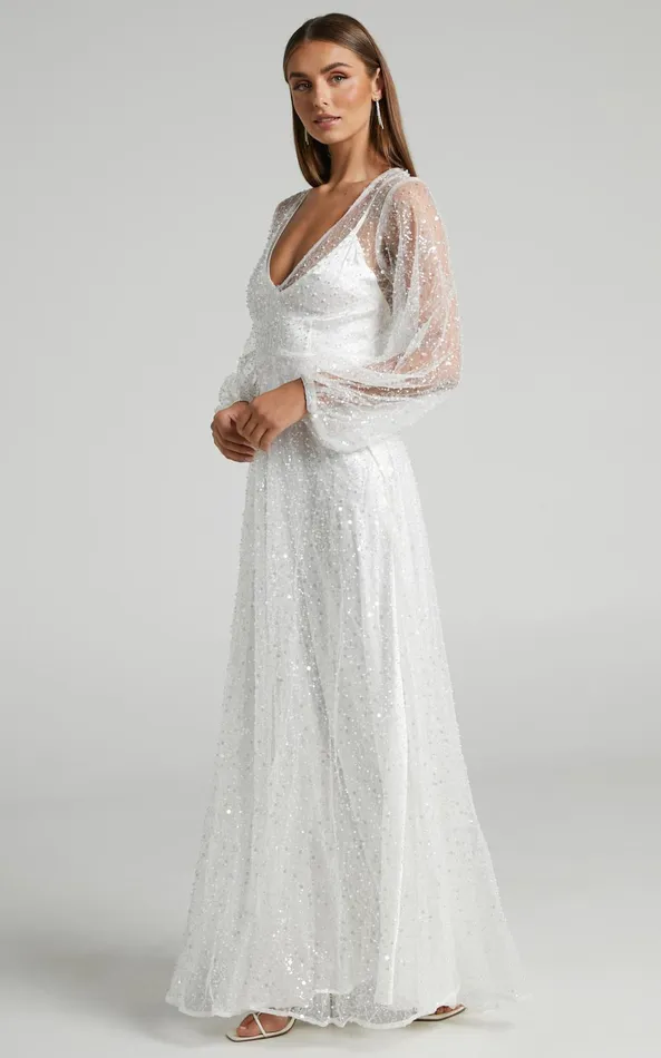 Showpo Leauna Bridal Gown 8211 Sheer Long Sleeve Deep V Neck Embellished Tulle Gown In Ivory Women Dresses Showpo Leauna Bridal Gown 8211 Sheer Long Sleeve Deep V Neck Embellished Tulle Gown In Ivory Women Dresses