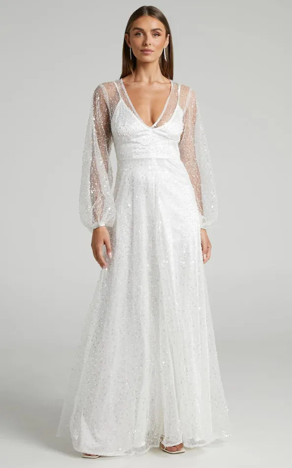 Showpo Leauna Bridal Gown 8211 Sheer Long Sleeve Deep V Neck Embellished Tulle Gown In Ivory Women Dresses
