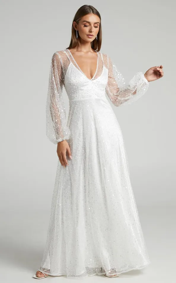 Showpo Leauna Bridal Gown 8211 Sheer Long Sleeve Deep V Neck Embellished Tulle Gown In Ivory Women Dresses