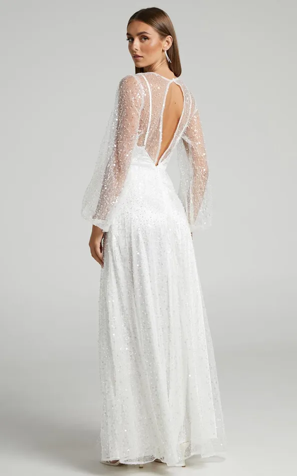 Showpo Leauna Bridal Gown 8211 Sheer Long Sleeve Deep V Neck Embellished Tulle Gown In Ivory Women Dresses
