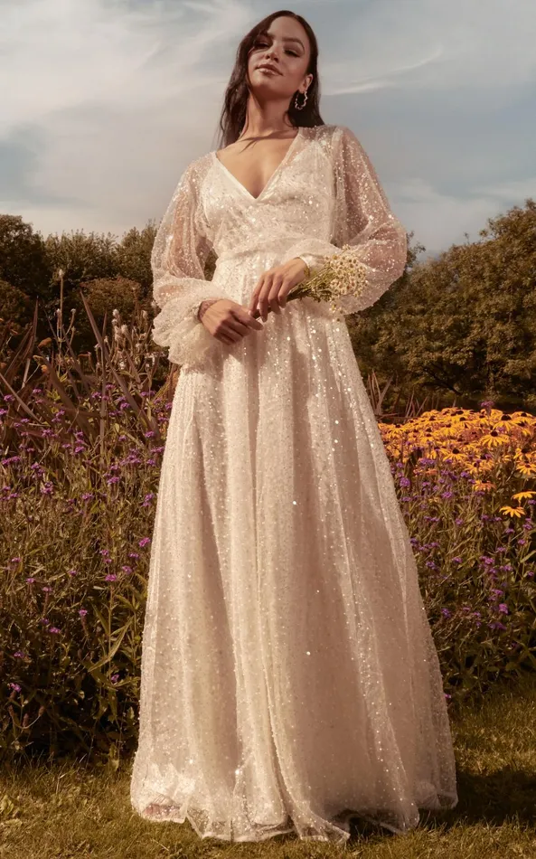 Showpo Leauna Bridal Gown 8211 Sheer Long Sleeve Deep V Neck Embellished Tulle Gown In Ivory Women Dresses