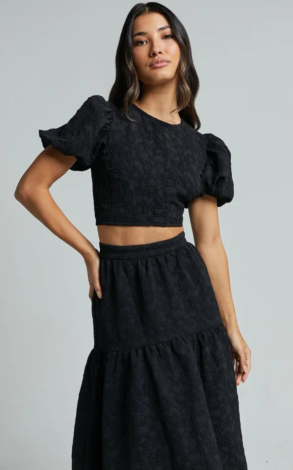 Showpo Leila Two Piece Set 8211 Puff Sleeve Top And Midi Skirt Set In Black Women Curve Clothes