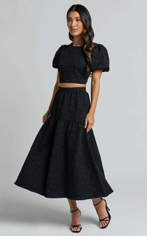 Showpo Leila Two Piece Set 8211 Puff Sleeve Top And Midi Skirt Set In Black Women Curve Clothes