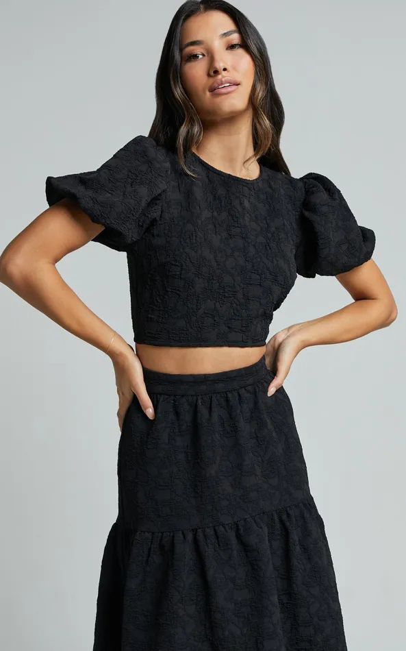 Showpo Leila Two Piece Set 8211 Puff Sleeve Top And Midi Skirt Set In Black Women Curve Clothes