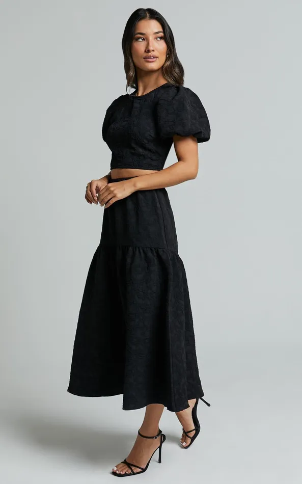 Showpo Leila Two Piece Set 8211 Puff Sleeve Top And Midi Skirt Set In Black Women Curve Clothes