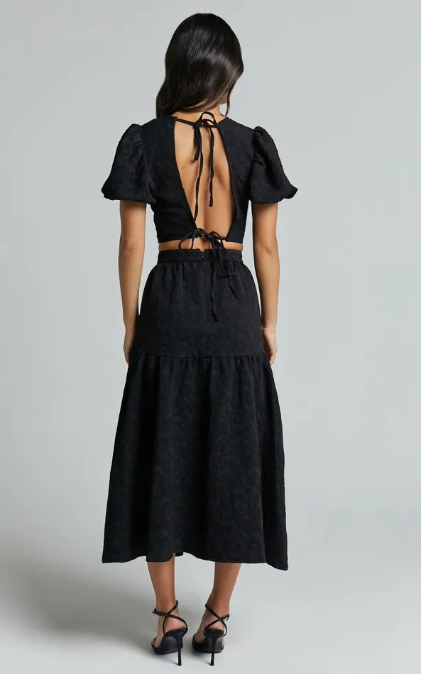 Showpo Leila Two Piece Set 8211 Puff Sleeve Top And Midi Skirt Set In Black Women Curve Clothes