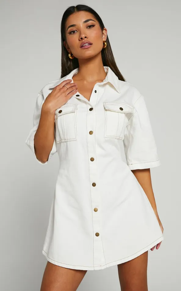 Showpo Leilani Mini Dress 8211 Denim Short Sleeve Button Up Dress In ECRU Women Denim