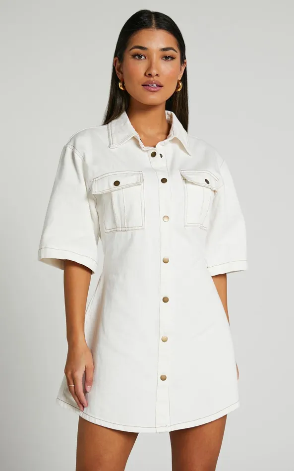 Showpo Leilani Mini Dress 8211 Denim Short Sleeve Button Up Dress In ECRU Women Denim