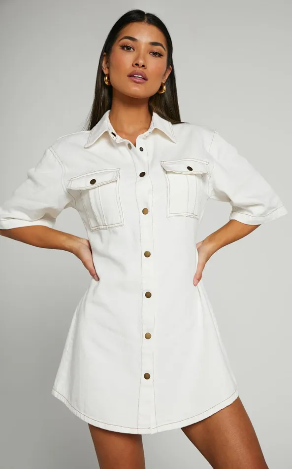 Showpo Leilani Mini Dress 8211 Denim Short Sleeve Button Up Dress In ECRU Women Denim