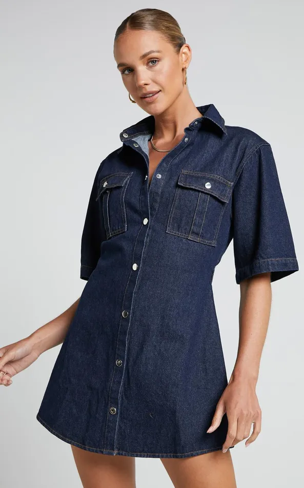 Showpo Leilani Mini Dress 8211 Denim Short Sleeve Button Up Dress In Indigo Denim Women Dresses