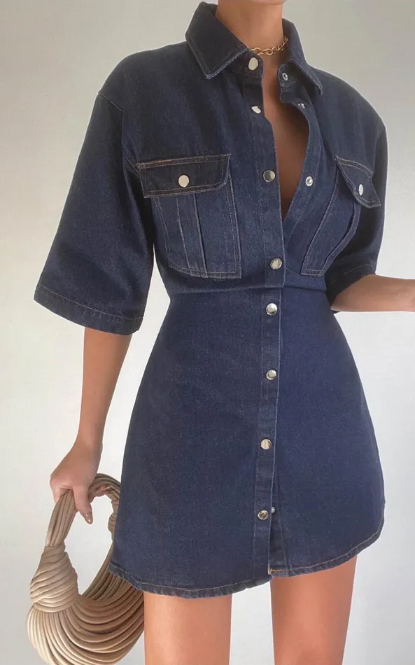 Showpo Leilani Mini Dress 8211 Denim Short Sleeve Button Up Dress In Indigo Denim Women Dresses