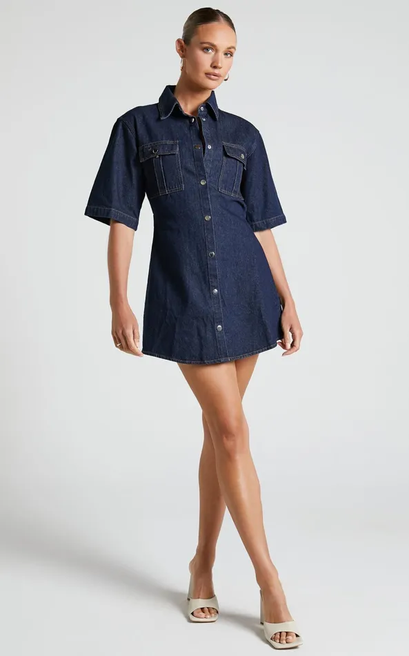 Showpo Leilani Mini Dress 8211 Denim Short Sleeve Button Up Dress In Indigo Denim Women Dresses