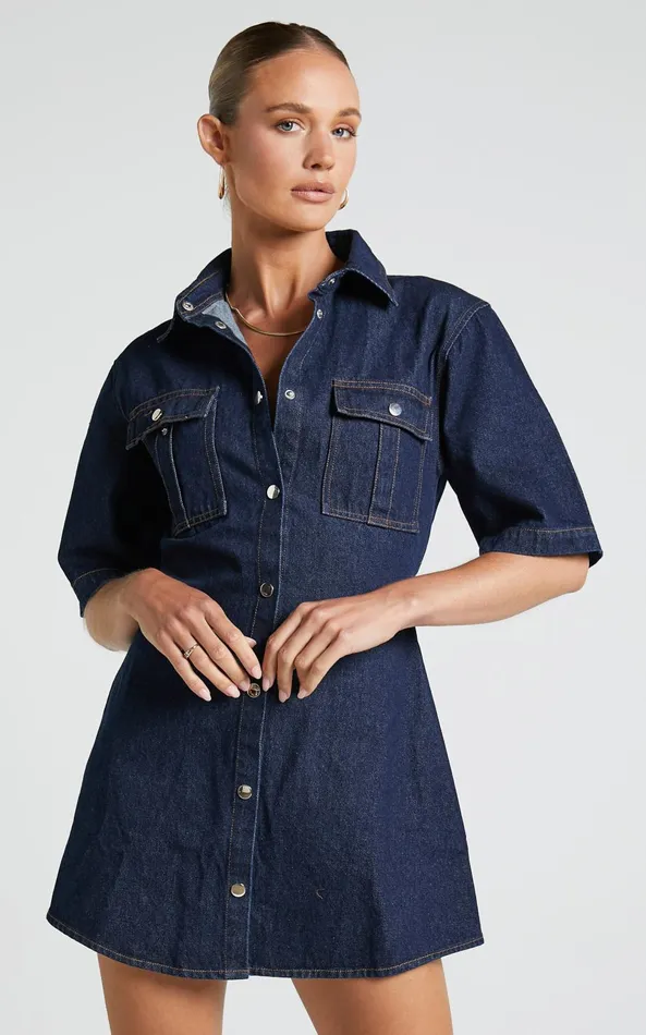 Showpo Leilani Mini Dress 8211 Denim Short Sleeve Button Up Dress In Indigo Denim Women Dresses