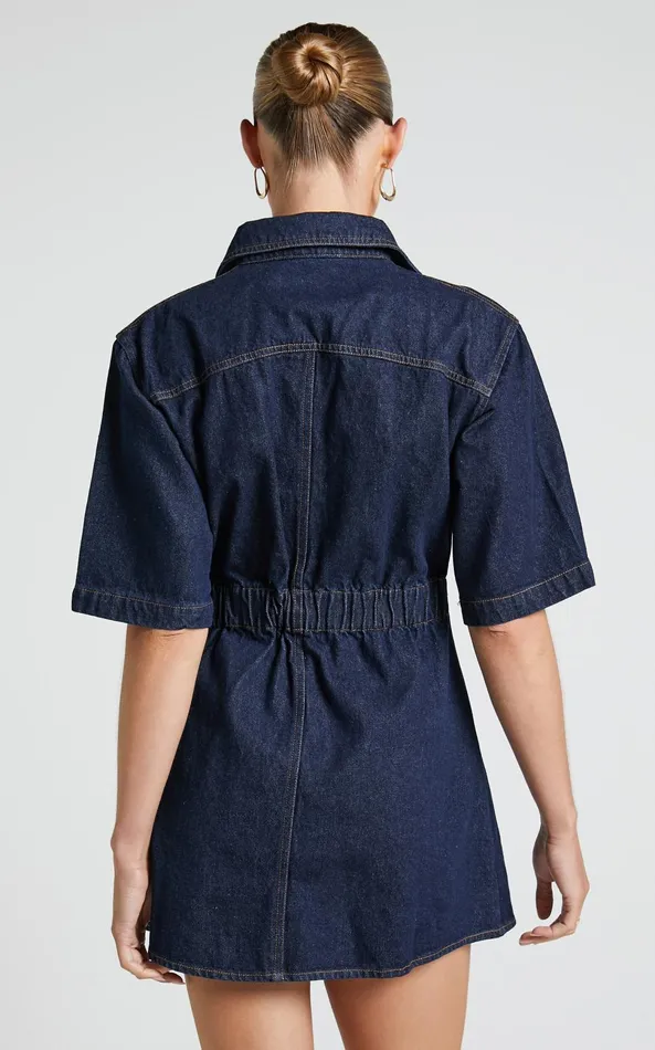 Showpo Leilani Mini Dress 8211 Denim Short Sleeve Button Up Dress In Indigo Denim Women Dresses