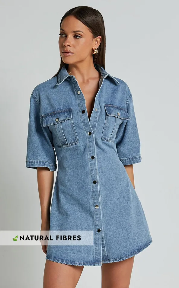 Showpo Leilani Mini Dress 8211 Denim Short Sleeve Button Up Dress In Mid Blue Women Denim Showpo Leilani Mini Dress 8211 Denim Short Sleeve Button Up Dress In Mid Blue Women Denim