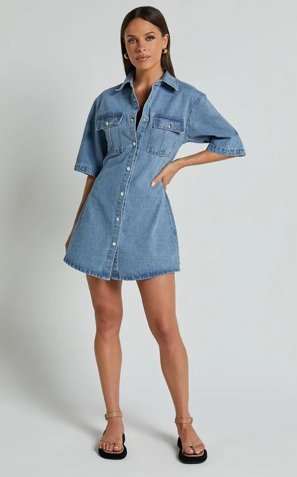Showpo Leilani Mini Dress 8211 Denim Short Sleeve Button Up Dress In Mid Blue Women Denim