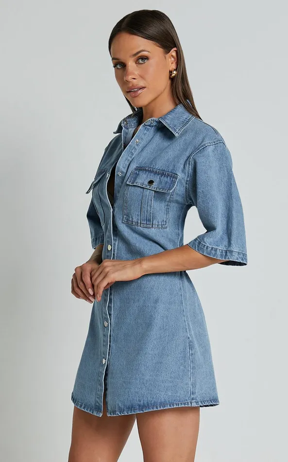 Showpo Leilani Mini Dress 8211 Denim Short Sleeve Button Up Dress In Mid Blue Women Denim