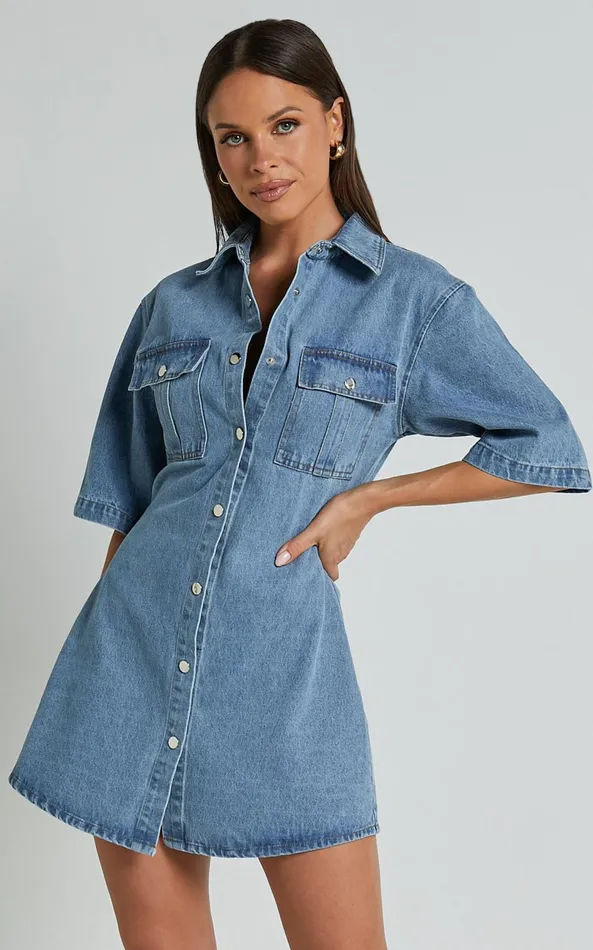 Showpo Leilani Mini Dress 8211 Denim Short Sleeve Button Up Dress In Mid Blue Women Denim
