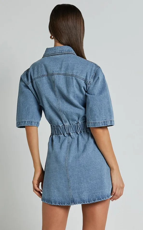 Showpo Leilani Mini Dress 8211 Denim Short Sleeve Button Up Dress In Mid Blue Women Denim