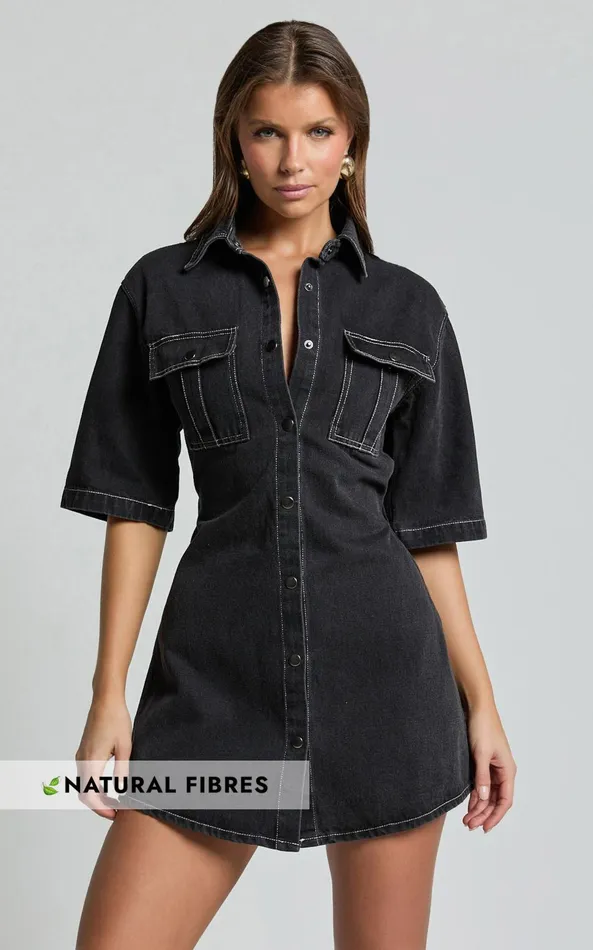 Showpo Leilani Mini Dress 8211 Denim Short Sleeve Button Up Dress In Washed Black Women Denim Showpo Leilani Mini Dress 8211 Denim Short Sleeve Button Up Dress In Washed Black Women Denim