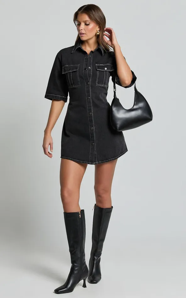 Showpo Leilani Mini Dress 8211 Denim Short Sleeve Button Up Dress In Washed Black Women Denim