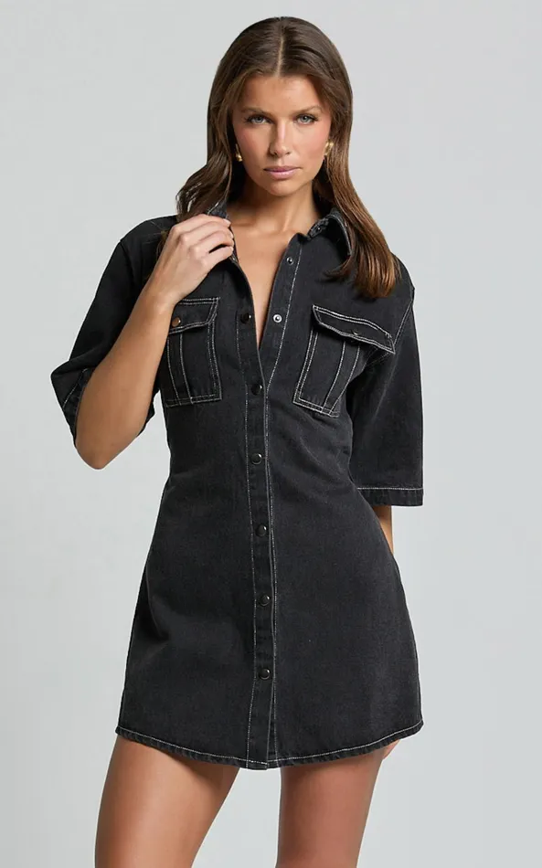 Showpo Leilani Mini Dress 8211 Denim Short Sleeve Button Up Dress In Washed Black Women Denim