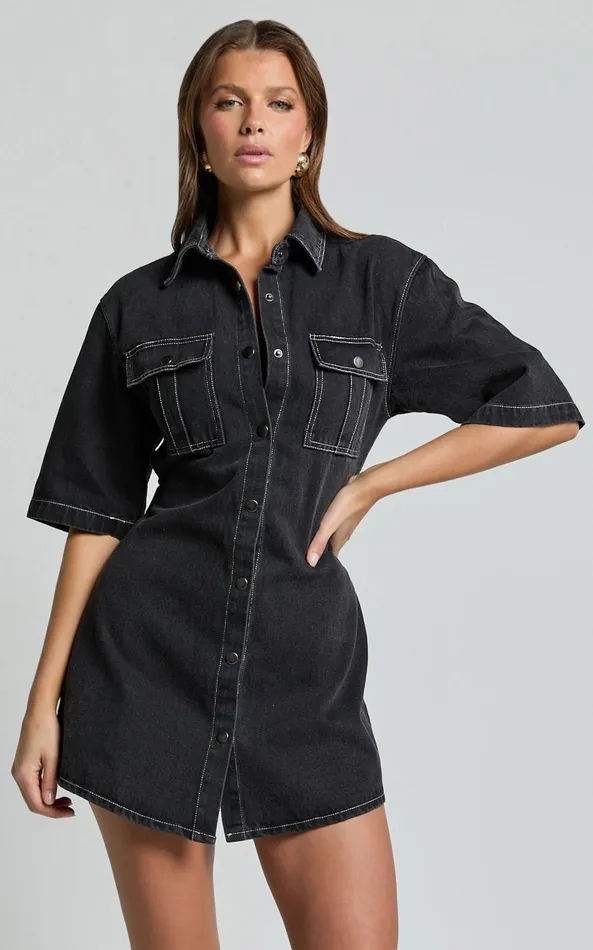 Showpo Leilani Mini Dress 8211 Denim Short Sleeve Button Up Dress In Washed Black Women Denim