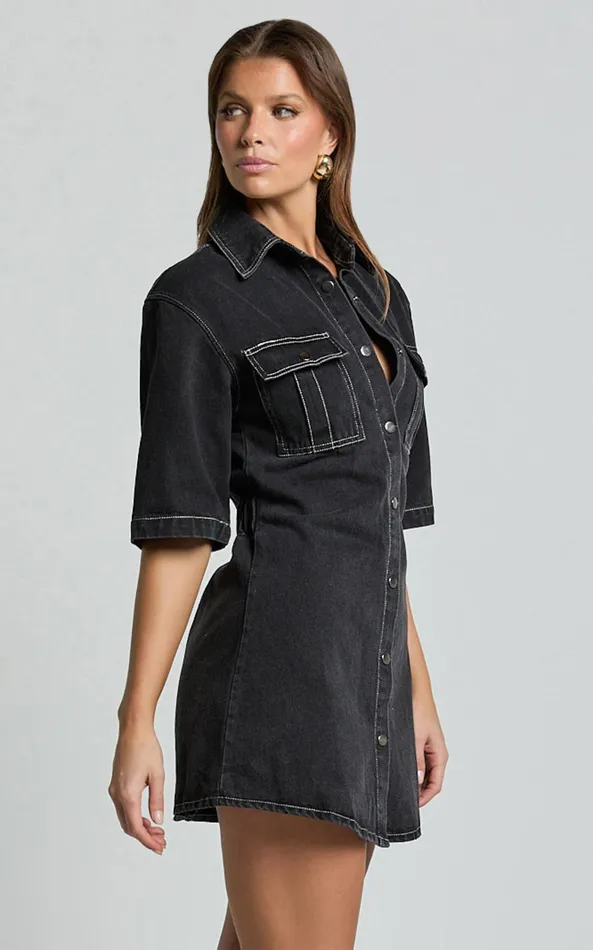 Showpo Leilani Mini Dress 8211 Denim Short Sleeve Button Up Dress In Washed Black Women Denim