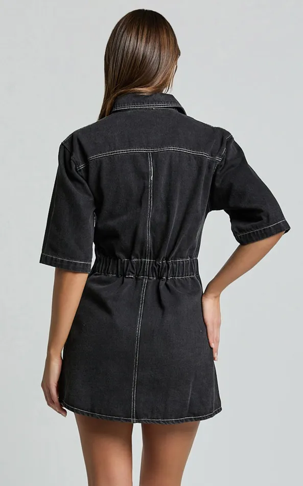 Showpo Leilani Mini Dress 8211 Denim Short Sleeve Button Up Dress In Washed Black Women Denim