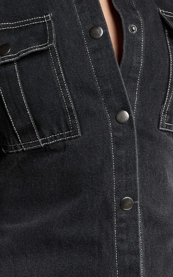 Showpo Leilani Mini Dress 8211 Denim Short Sleeve Button Up Dress In Washed Black Women Denim